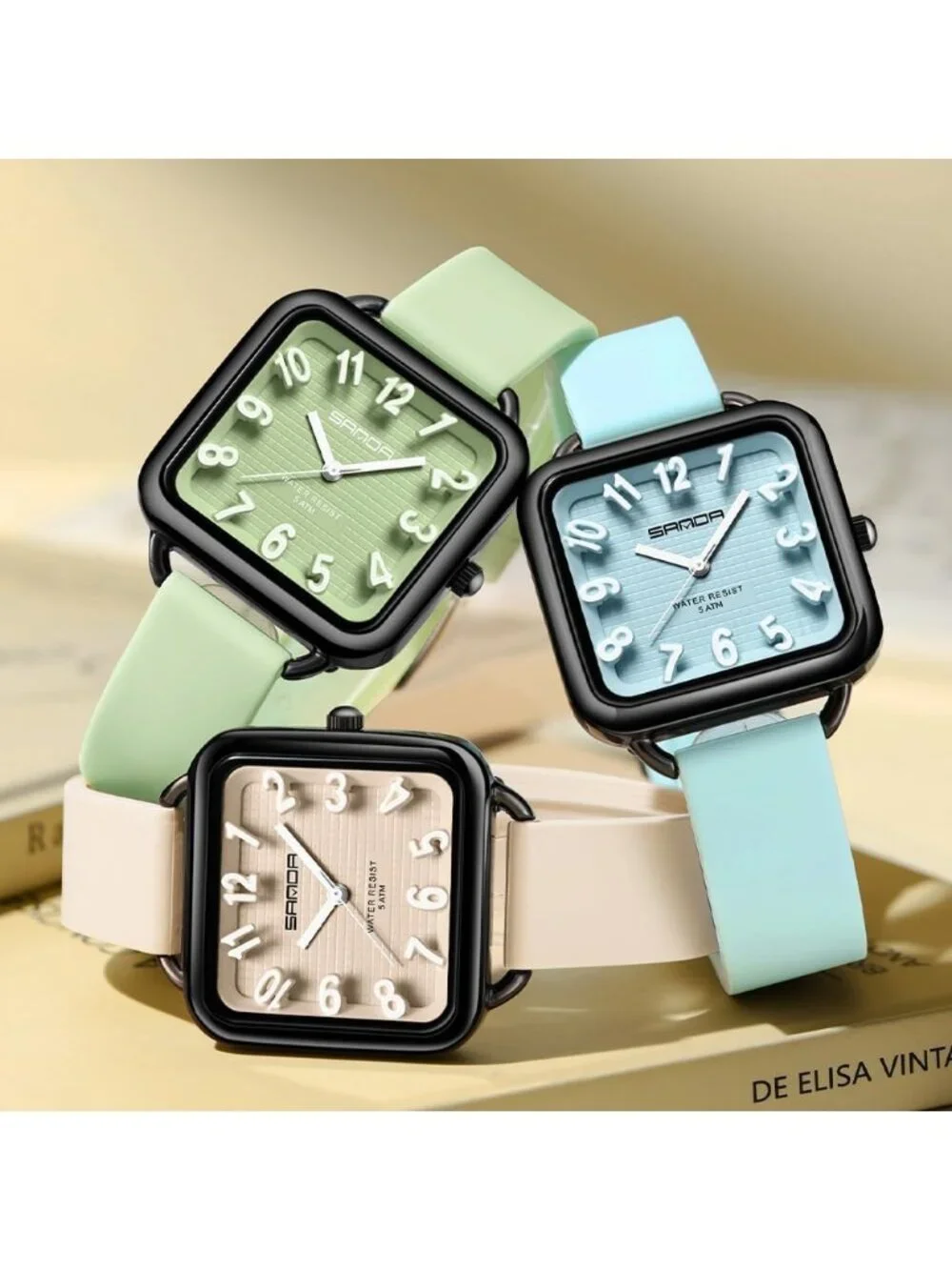 Women’s Apricot  Big Arabic Numbers Silicone Strap Analog Square Wrist Watch